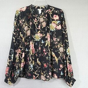 GP & J Baker H&M Woman's Boho Floral Bird Print Top Size 8 Button Oversized‎